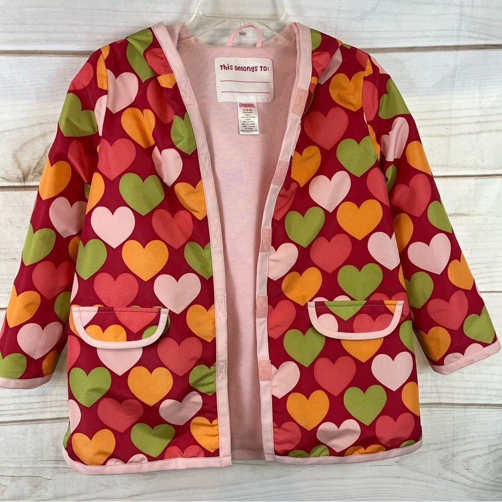 Girls Gymboree Lined Raincoat/Rain Jacket Hearts Velcro Raspberry  Pink 5-6